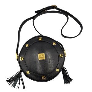 MCM Vintage Black Leather Round Crossbody Bag Gold Logo‎ Tassel Shoulder Purse